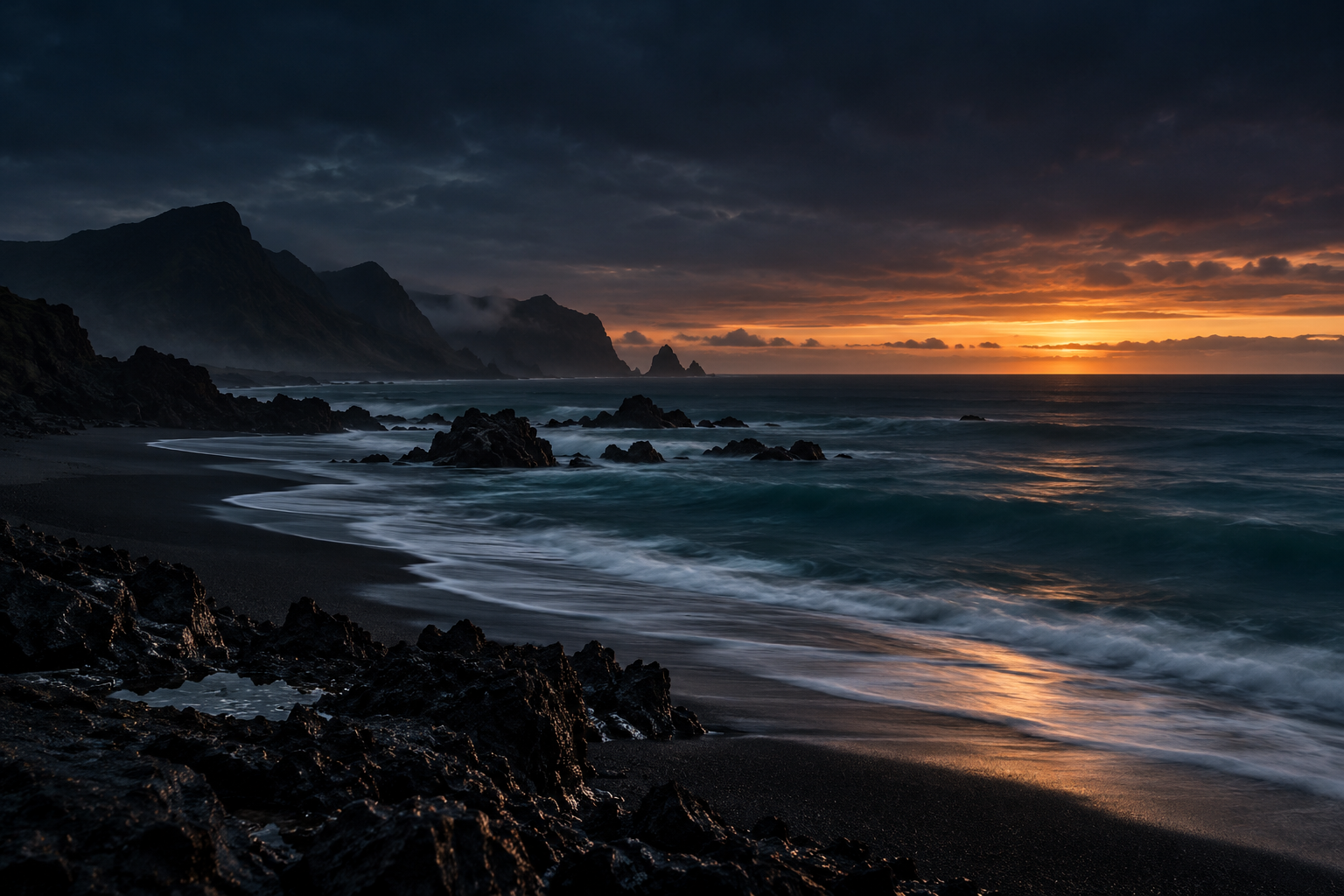 Original artwork of a volcanic coast at dusk