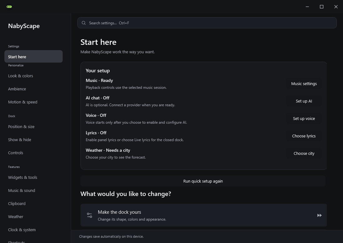 Current 2.21.1 Settings showing setup status and next actions
